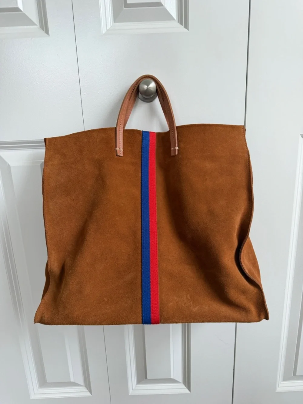 Clare V Brown Suede Tote Bag with Red & Blue Stripe - Men - Picture 1 of 4